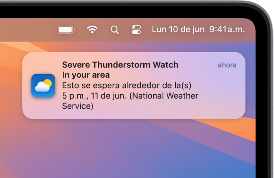 Una notificación mostrando una alerta del Servicio Meteorológico Nacional acerca de una tormenta eléctrica fuerte.