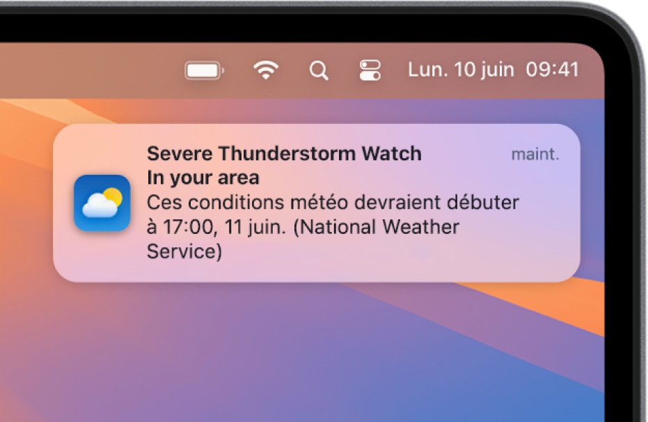 Une notification affichant une alerte du service météo national signalant un orage important.