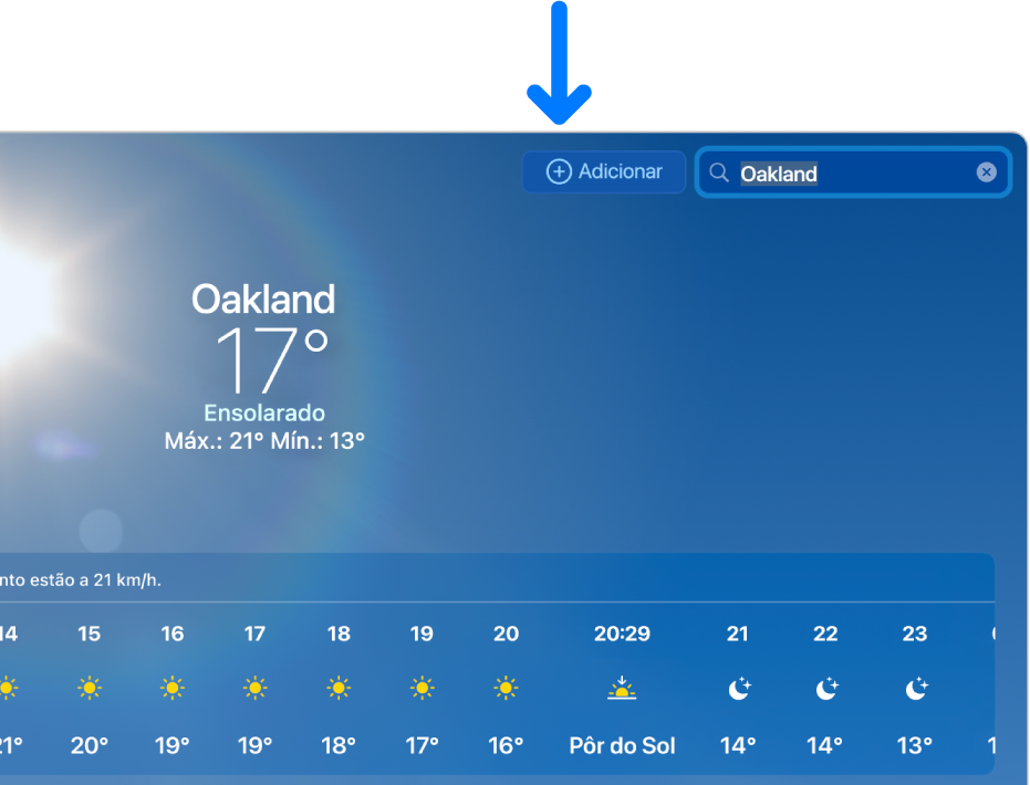 O app Tempo com um resultado de busca para o nome de uma cidade.