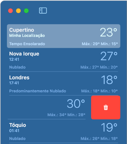 A barra lateral mostrando diferentes localizações em uma lista.