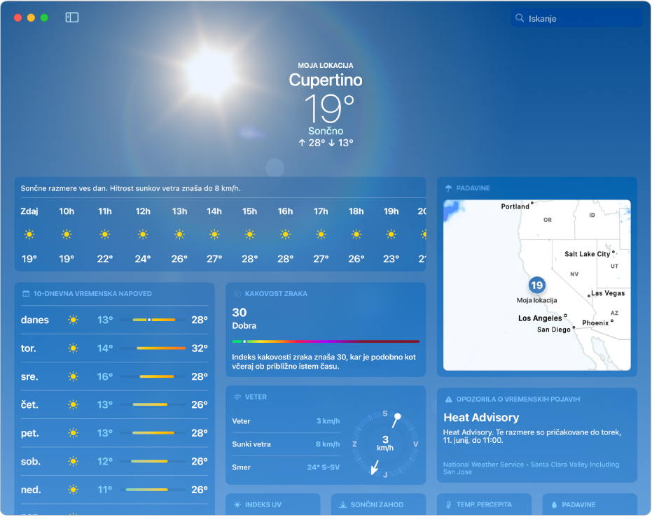 Okno aplikacije Vreme prikazuje trenutno temperaturo in vremenske razmere, najvišjo in najnižjo dnevno temperaturo, urno vremensko napoved, več dni 10-dnevne vremenske napovedi in karto padavin.