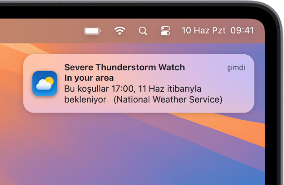 Ulusal Hava Durumu servisinin kuvvetli gök gürültülü fırtına uyarısını gösteren bir bildirim.