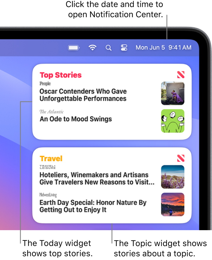 The Today and Topic widgets in Notification Center.