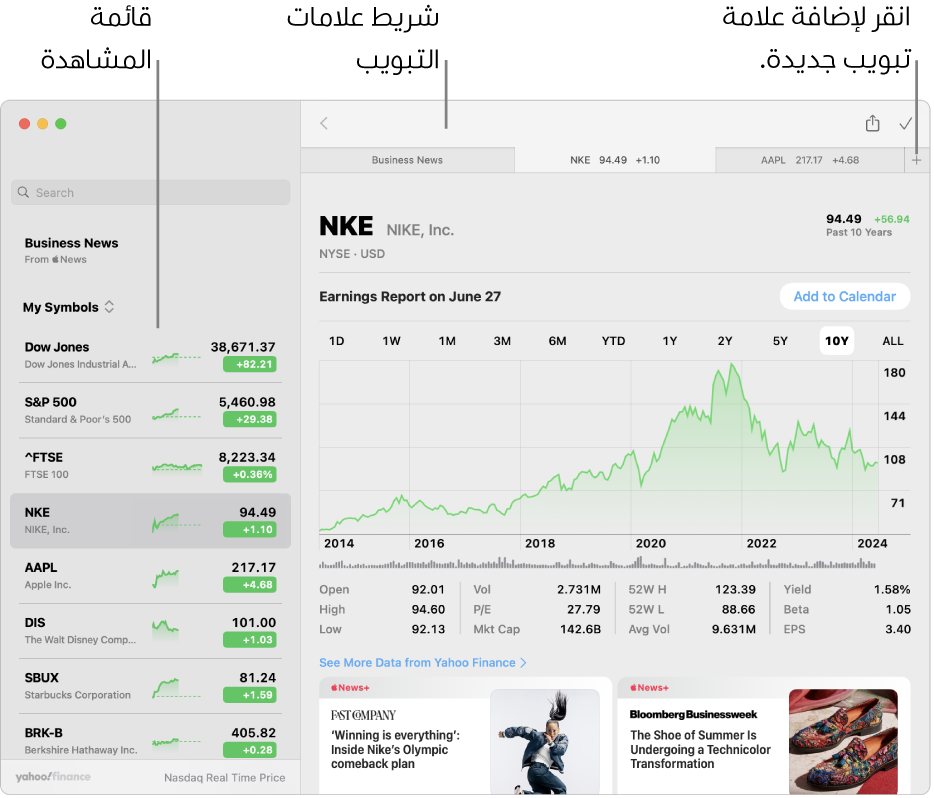 نافذة أسهم تعرض قائمة المراقبة على اليمين مع رمز مؤشر واحد محدد، والمخطط المقابل وموجز الأخبار في الجزء الأيسر. تظهر علامات تبويب لرموز المؤشر المحددة في الجزء العلوي من النافذة، إلى جانب علامة زائد يمكن استخدامها لإضافة علامة تبويب جديدة.