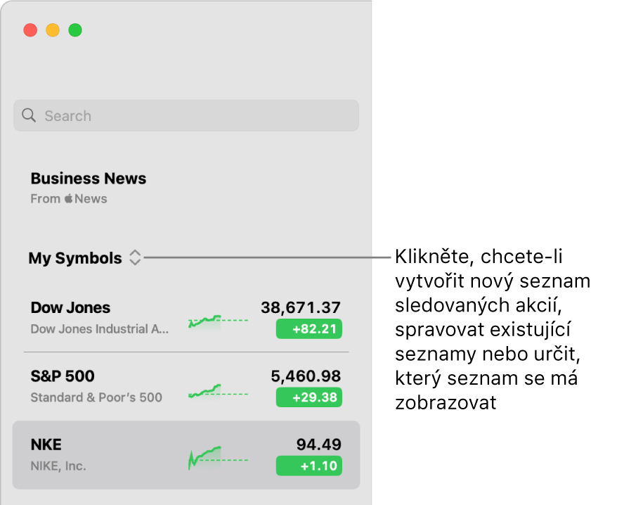 Místní nabídka seznamu sledovaných akcií v horní části bočního panelu s názvem aktuálního seznamu