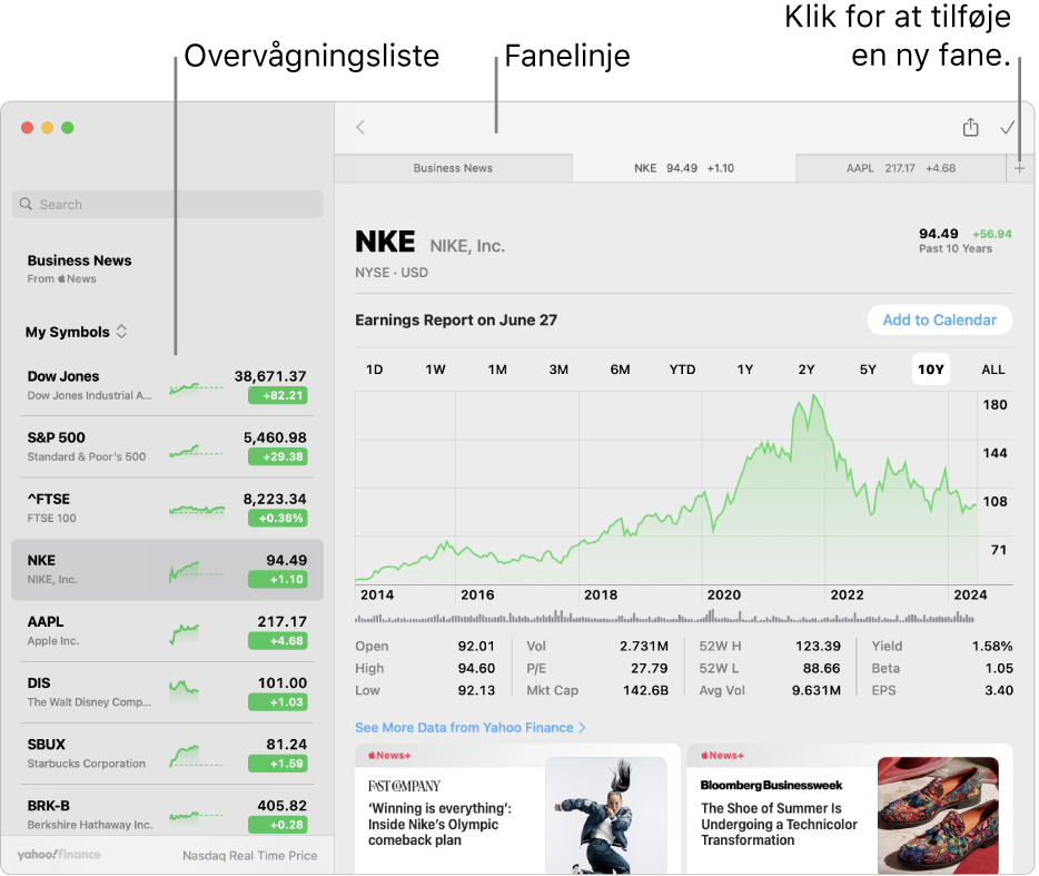 Et vindue i Værdipapirer, der viser overvågningslisten til venstre med et tickersymbol valgt og det tilsvarende diagram og nyhedsfeedet i højre rude. Der er faner til de valgte tickersymboler langs toppen af vinduet sammen med et plustegn, som kan bruges til at tilføje en ny fane.