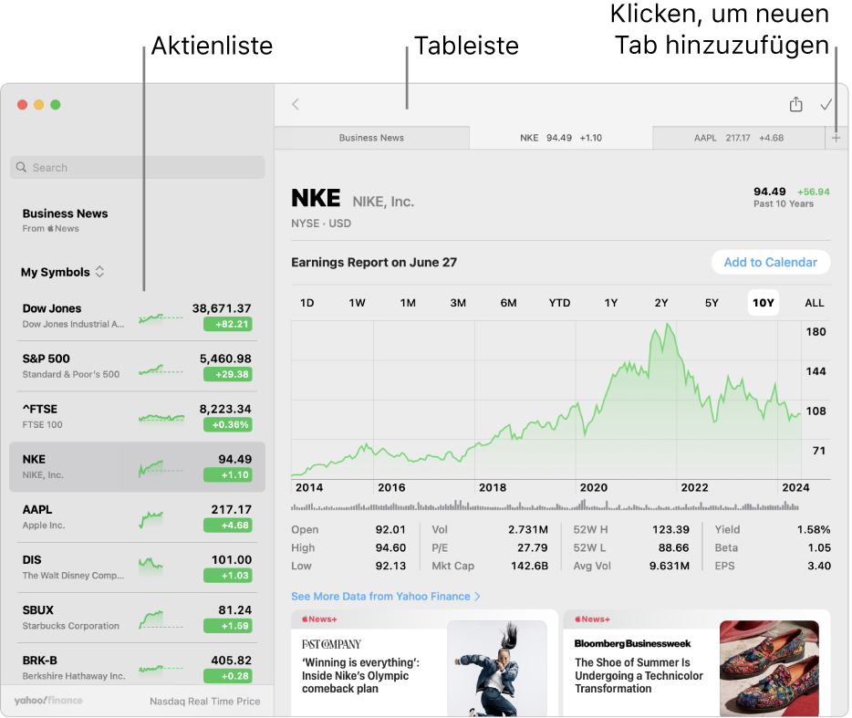 Das Fenster „Aktien“ mit der Aktienliste links und einem ausgewählten Tickersymbol sowie dem entsprechenden Diagramm und Nachrichtenfeed im rechten Bereich Am oberen Rand des Fensters befinden sich Tabs für die ausgewählten Ticker-Symbole und ein Pluszeichen, mit dem du eine neue Registerkarte hinzufügen kannst.