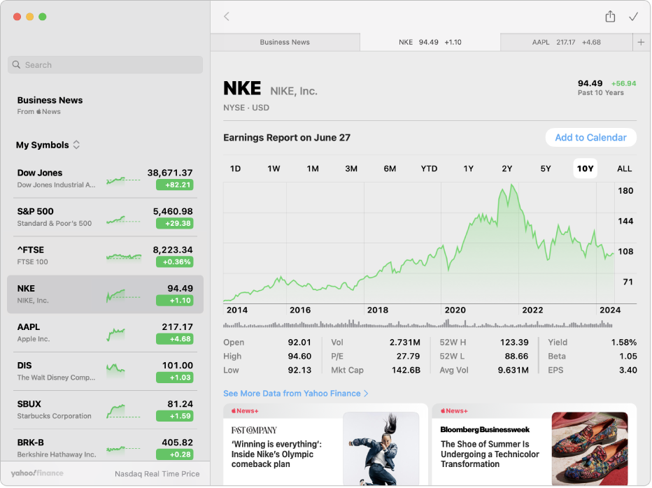 Ein Fenster „Aktien“ mit der Aktienliste links, einem Diagramm oben rechts und News-Schlagzeilen unten rechts