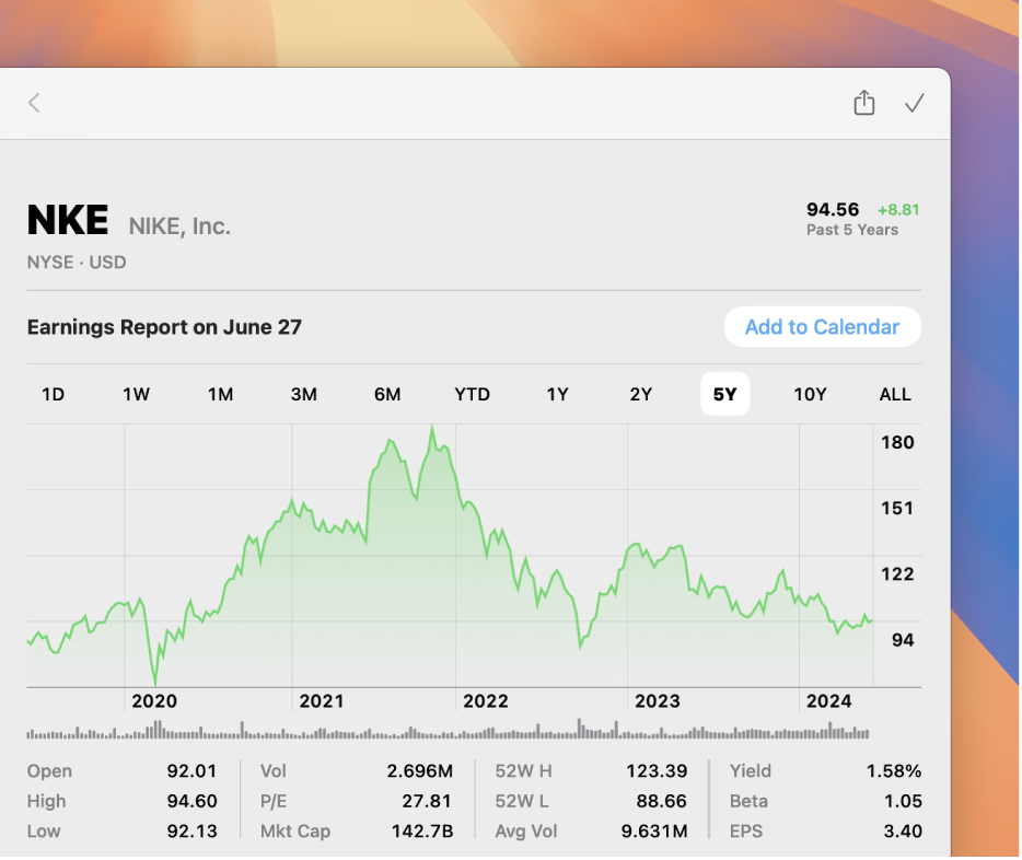 A Stocks window showing a chart with five years of data for a ticker symbol.