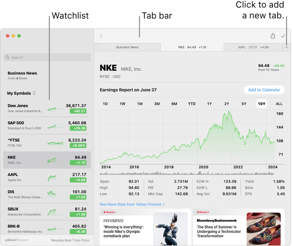 A Stocks window showing the watchlist on the left with one ticker symbol selected, and the corresponding chart and news feed in the right pane. Tabs for selected ticker symbols are across the top of the window, along with a plus sign, which can be used to add a new tab.