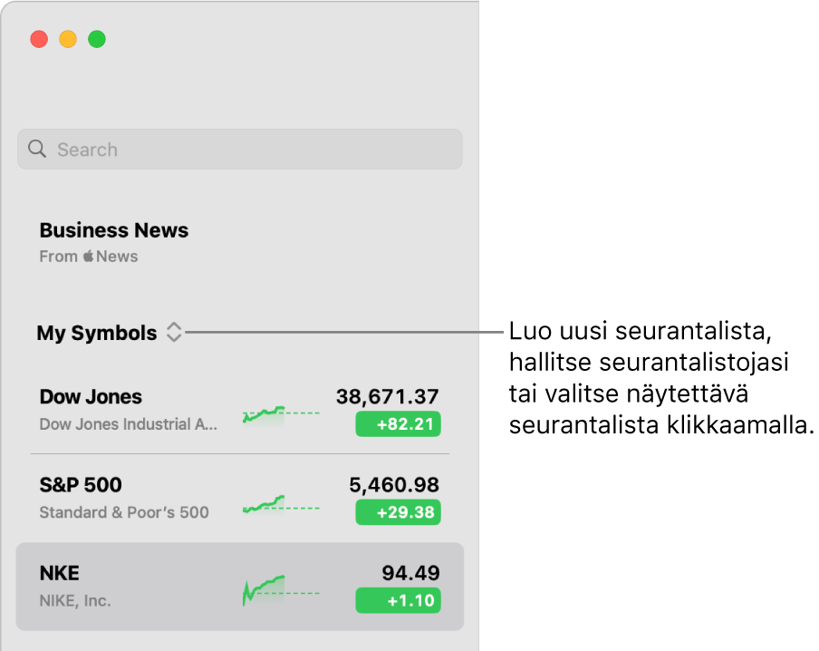 Seurantalista-ponnahdusvalikko sivupalkin yläreunassa ja nykyisen seurantalistan nimi.