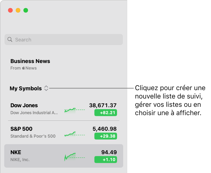 Le menu local de la liste de suivi situé en haut de la barre latérale, avec le nom de la liste de suivi actuelle.