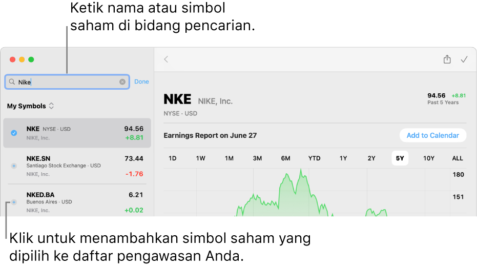 Jendela Saham menampilkan bidang pencarian, daftar hasil pencarian, dan tombol Tambahkan ke Daftar Pengawasan.