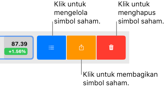 Tombol Kelola, Bagikan, dan Hapus yang muncul saat Anda memilih simbol saham di daftar pengawasan dan menggesek ke kiri.