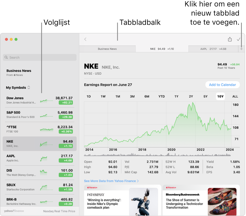 Een Aandelen-venster met daarin aan de linkerkant de volglijst met één geselecteerd aandelensymbool en in het rechterpaneel de bijbehorende grafiek en de nieuwsfeed. Bovenaan het venster staan tabbladen voor geselecteerde aandelensymbolen en een plusteken waarmee een nieuw tabblad kan worden toegevoegd.