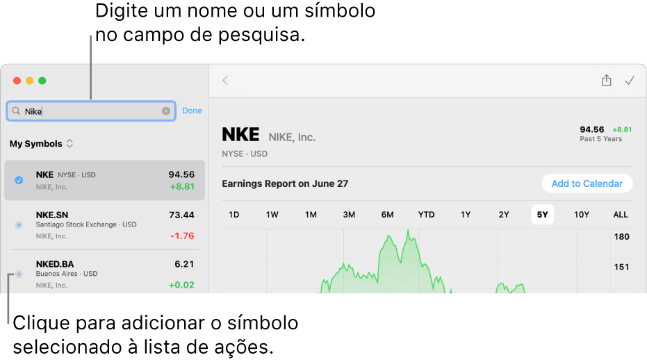 Uma janela da aplicação Bolsa a mostrar o campo de pesquisa, uma lista dos resultados da pesquisa e o botão “Adicionar à lista de ações”.