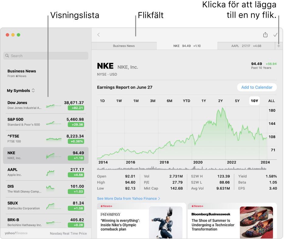 Ett Aktier-fönster visar visningslistan till vänster med ett markerat aktiekortnamn och motsvarande diagram och nyhetsflöde i panelen till höger. Flikar för valda aktiekortnamn finns längs överkanten på fönstret tillsammans med en plussymbol som du kan använda om du vill lägga till en ny flik.