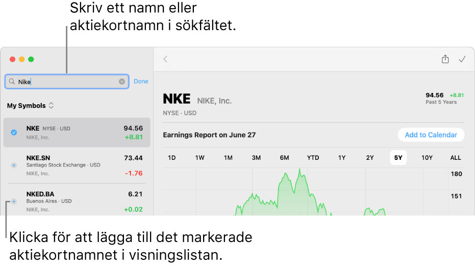 Ett fönster i Aktier som visar sökfältet, en lista med sökträffar och knappen Lägg till i visningslista.