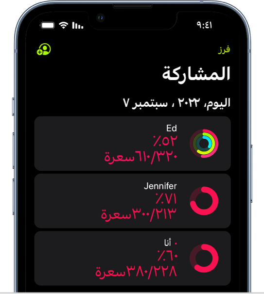 شاشة iPhone تعرض بيانات النشاط التي تمت مشاركتها مع شخصين آخرين.