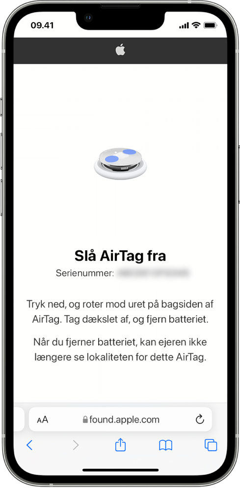 En iPhone-skærm, der viser, hvordan man slår et AirTag fra.