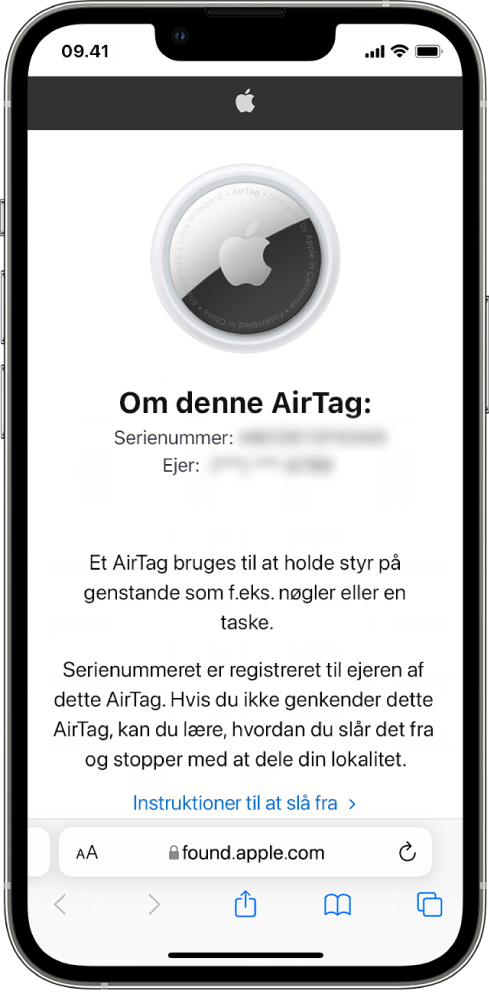 En iPhone-skærm, der viser oplysninger om et AirTag.