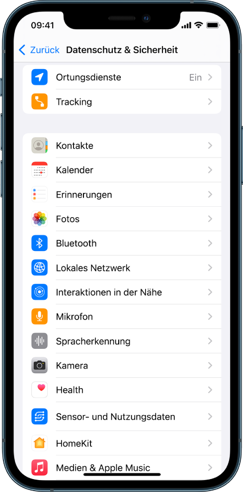 Ein iPhone mit dem Bildschirm „Datenschutz & Sicherheit“ unter „Einstellungen“.