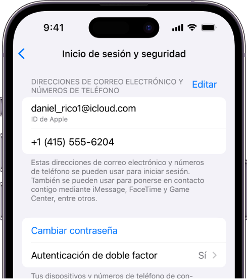 Pantalla de un iPhone que muestra la autenticación de doble factor activada.