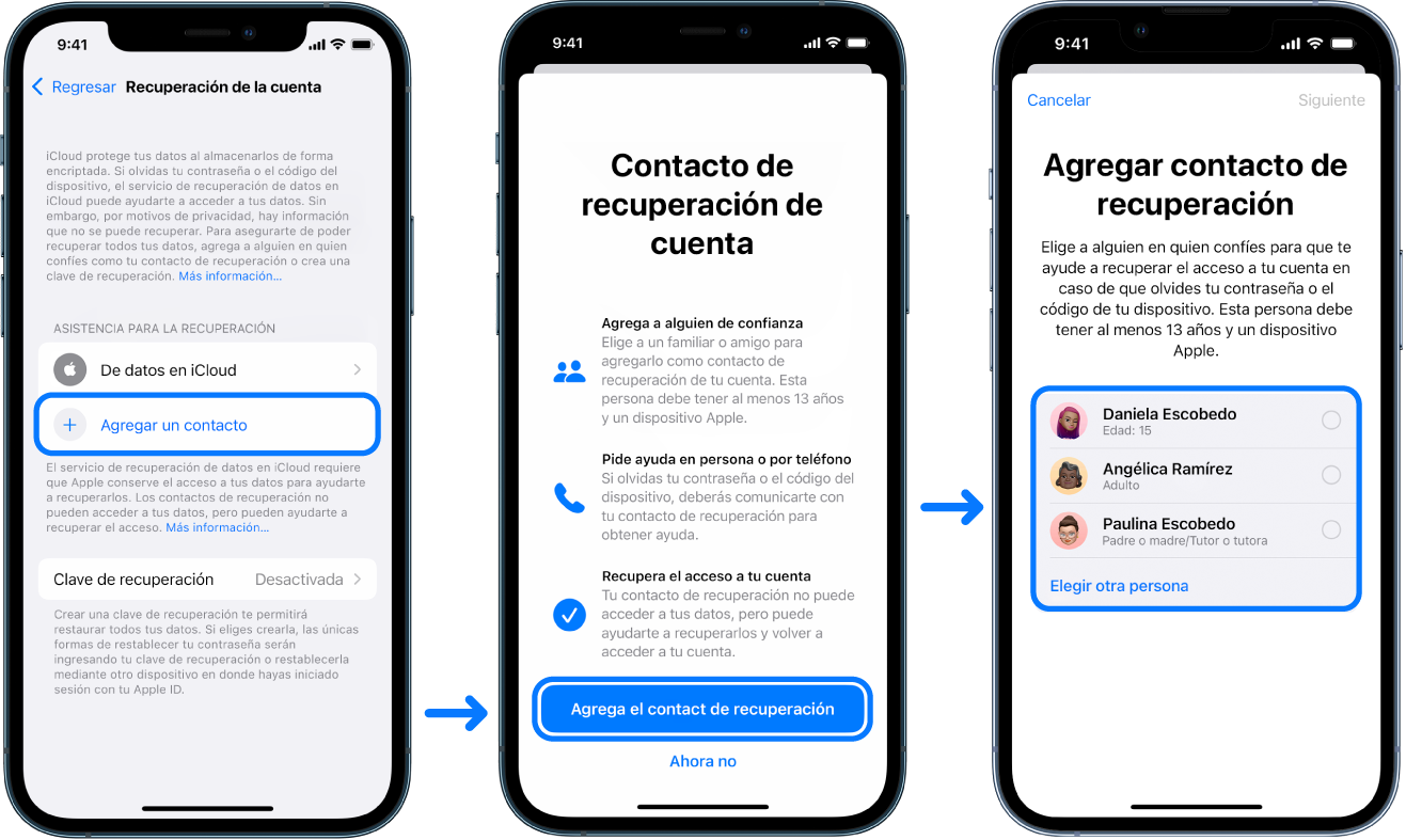 Tres pantallas del iPhone mostrando cómo agregar contactos de recuperación de cuenta.