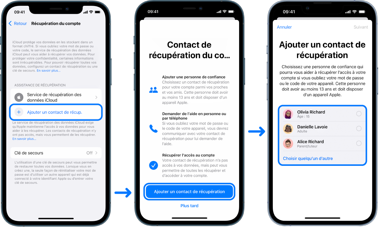 Trois écrans d’iPhone qui montrent comment ajouter des contacts de récupération de compte.