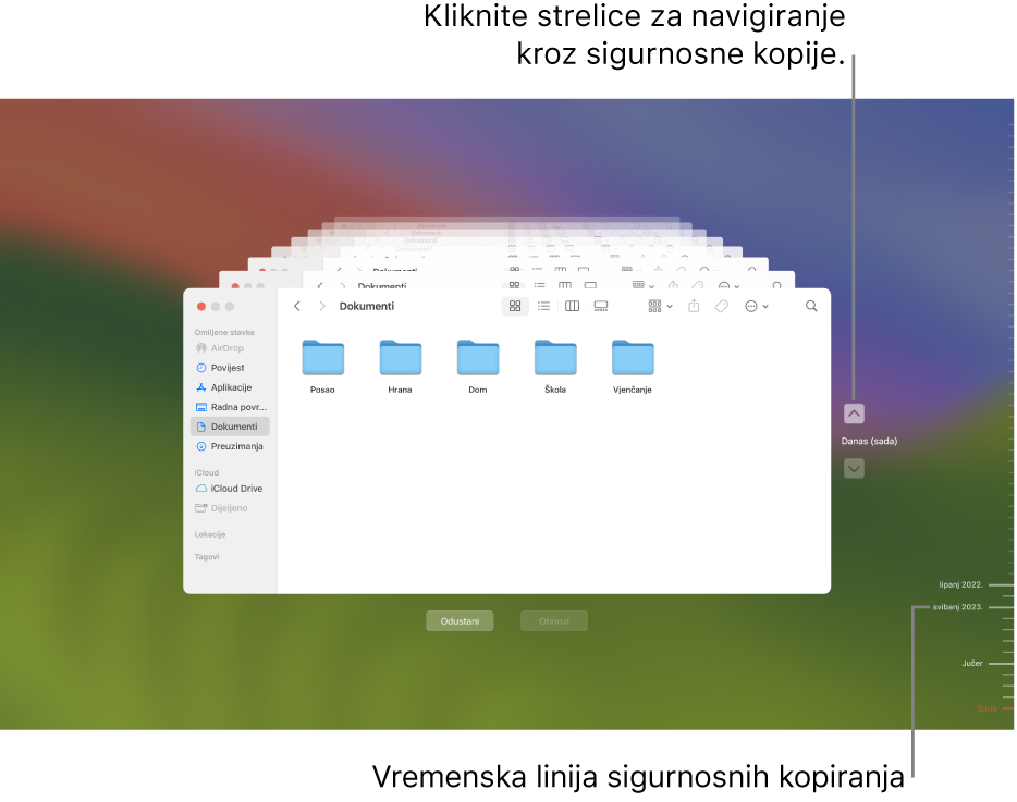 Oznake na vremenskoj skali sigurnosne kopije. Crvena oznaka označava sigurnosnu kopiju koju pregledavate.