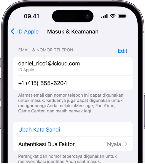 Layar iPhone menampilkan autentikasi dua faktor dinyalakan.