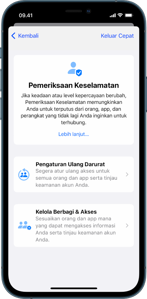 iPhone menampilkan layar Pemeriksaan Keselamatan.