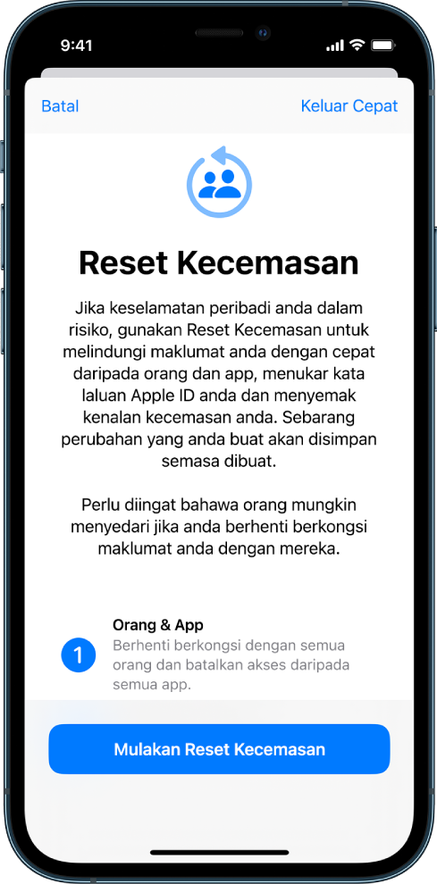 Skrin kemajuan menunjukkan butang untuk memulakan Reset Kecemasan.