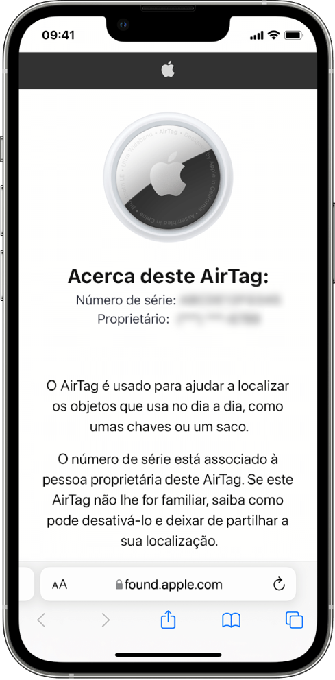 O ecrã de um iPhone a mostrar informação acerca de um AirTag.