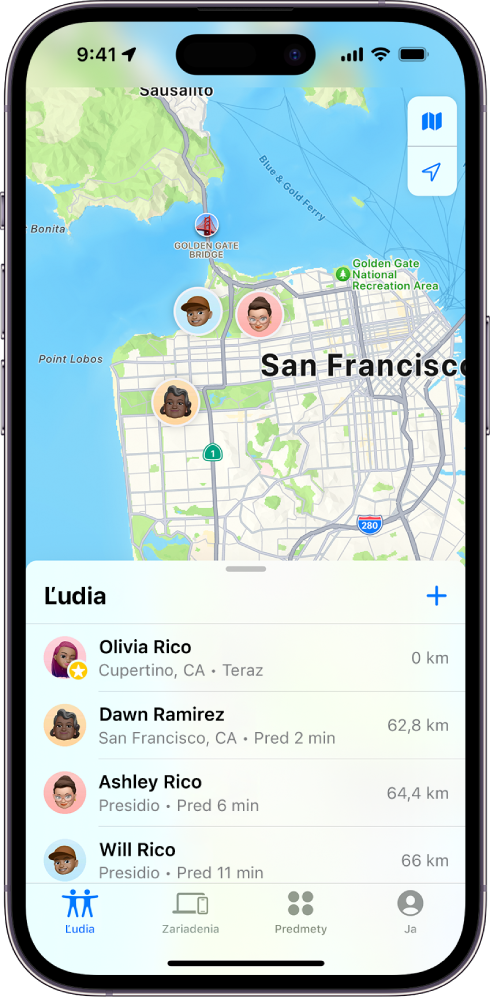 Obrazovka iPhonu zobrazujúca polohu užívateľa a polohu ďalších štyroch užívateľov.