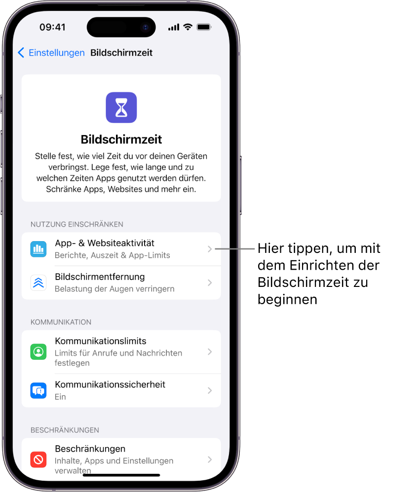 Der Bildschirm für die Einrichtung der Bildschirmzeit mit der Taste „App- & Websiteaktivität“