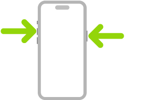 Eine Abbildung des iPhone mit Pfeilen, die auf die Seitentaste oben rechts und die Lautstärketaste „Lauter“ oben links zeigen.