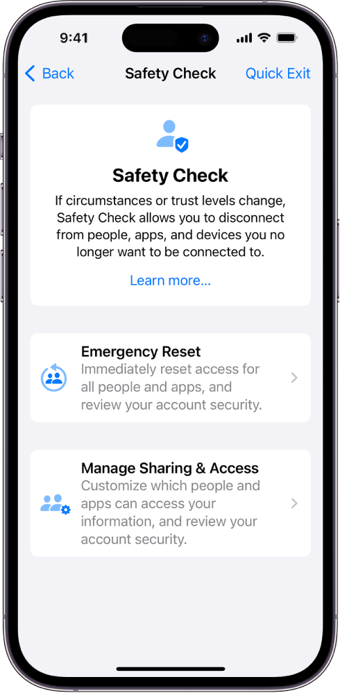 The Safety Check screen showing information about the feature and buttons for Emergency Reset and Manage Sharing & Access.