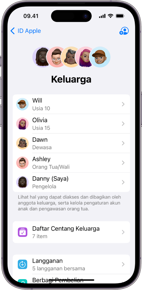 Layar Keluarga Berbagi di Pengaturan. Lima anggota keluarga tercantum. Di bawah namanya terdapat Daftar Centang Keluarga dan di bawahnya terdapat pilihan Langganan dan Berbagi Pembelian.