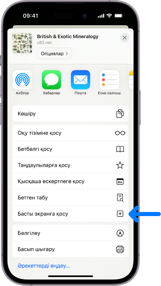 Safari қолданбасында опциялар тізімін, сонымен қатар «Басты экранға қосу» түймесін көрсететін веб-сайттағы «Бөлісу» түймесі түртілген.