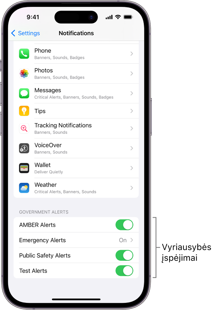 „Notifications“ ekrane rodoma funkcija „Government Alerts“, kurią įjungę gausite vyriausybės įspėjimus.