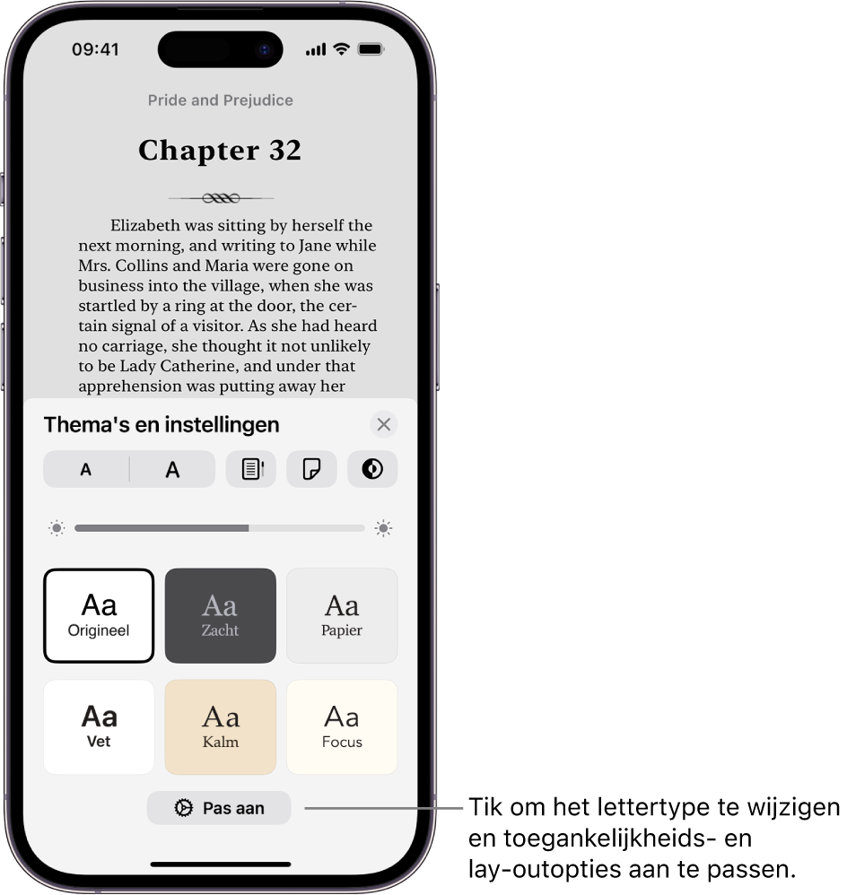 Een pagina van een boek in de Boeken-app. De opties van 'Thema's en instellingen', met regelaars voor de lettergrootte, de schuifweergave, de stijl voor het omslaan van pagina's, de helderheid en lettertypestijlen.