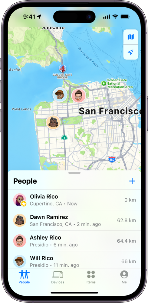 Екран Find My приказује листу People и њихове локације на мапи.