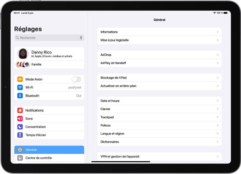 L’écran d’accueil de l’iPad avec plusieurs icônes d’app, notamment l’icône de l’app Réglages, que vous pouvez toucher pour modifier le volume, la luminosité de l’écran et d’autres réglages de votre iPad.