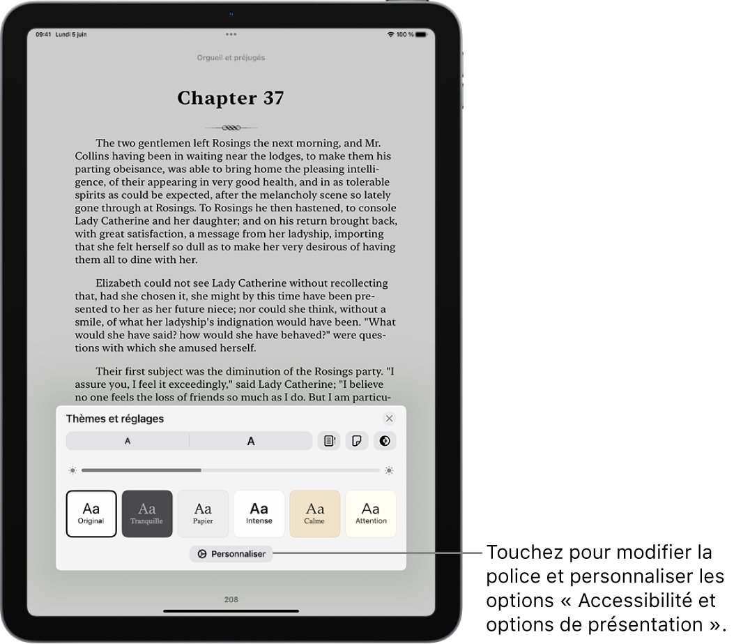 Une page d’un livre dans l’app Livres. Les options Thèmes et réglages affichant des commandes pour la taille de la police, la disposition du défilement, le style de défilement des pages, la luminosité et les styles de police.