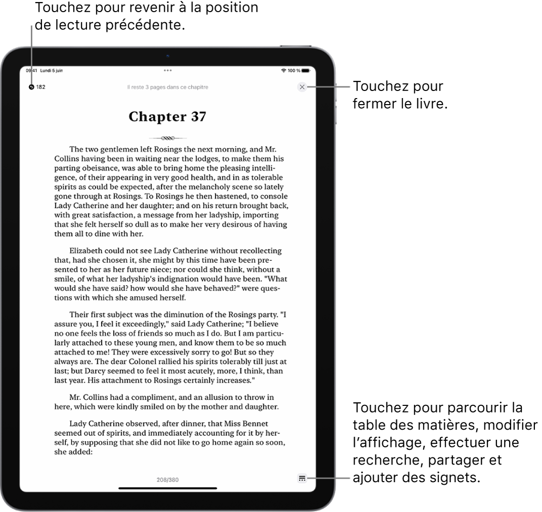 Une page d’un livre dans l’app Livres. En haut de l’écran se trouvent les boutons permettant de revenir à la page où la lecture a commencé et de fermer le livre. En bas à droite de l’écran se trouve le bouton Menu.