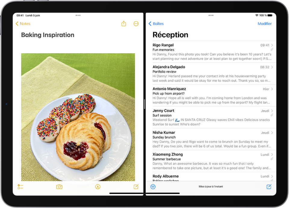 L’app Notes est ouverte sur le côté gauche de l’écran et Mail est ouvert sur le côté droit. Entre les deux apps se trouve un séparateur ajustable, qui permet de régler la taille des fenêtres.
