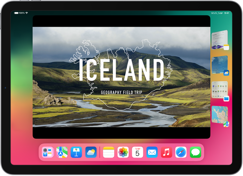 צג של iPad שמופעל בו ״מנהל התצוגה״. החלונות הנוכחיים נמצאים במרכז המסך ויישומים אחרים שהופעלו בזמן האחרון מופיעים בצד השמאלי של המסך.