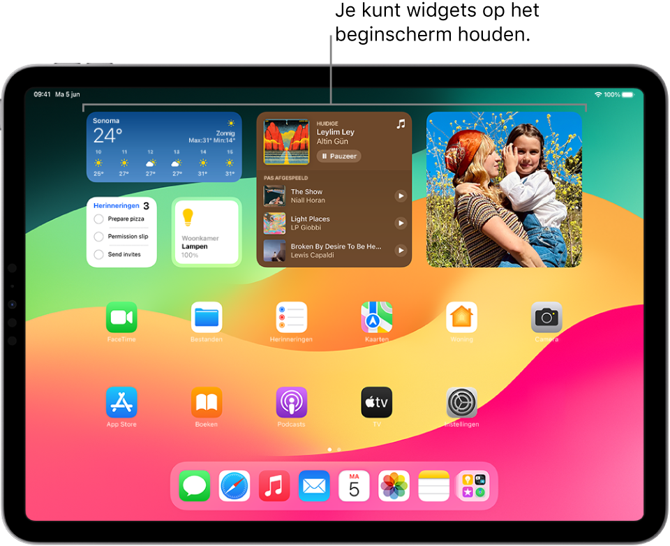 Het iPad-beginscherm. Boven in het scherm staan aangepaste widgets voor Weer, Muziek, Foto's, Herinneringen en Woning.