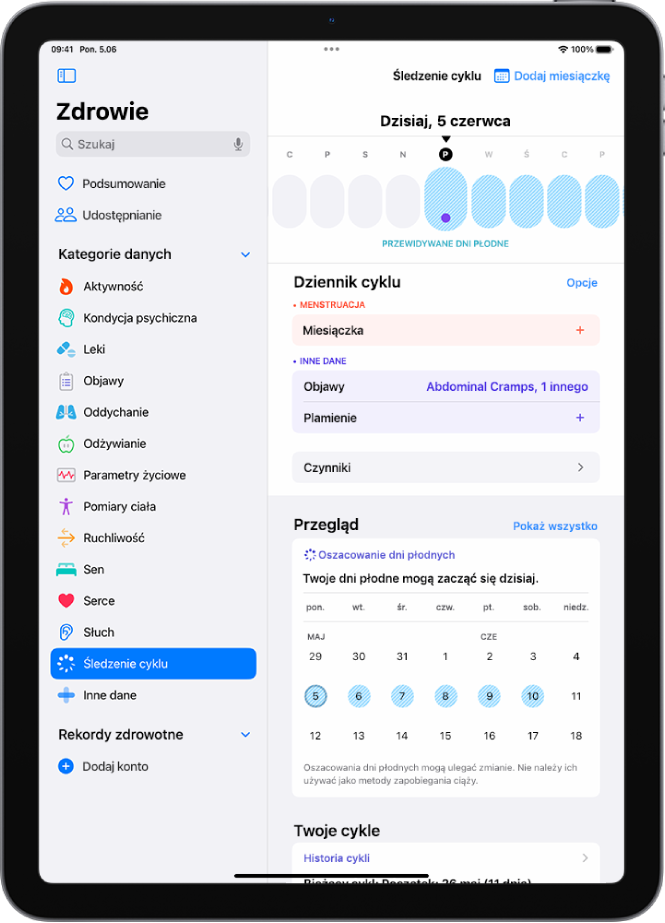 Ekran śledzenia cyklu z widoczną na górze linią czasową przedstawiającą szacowane dni płodne.